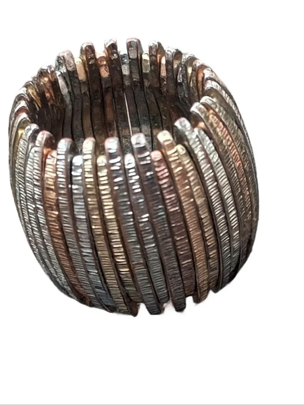 Tri Tone Mixed Metal Stretch Ring Wide Textured Ribbed Segment Statement Band